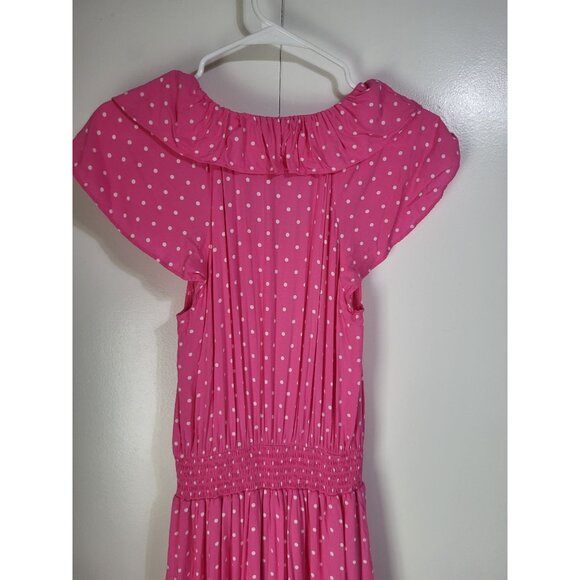DRAPER JAMES Women's S Pink Polka Dot Flutter Sleeve Midi Dress Tiered Pockets - Picture 4 of 12
